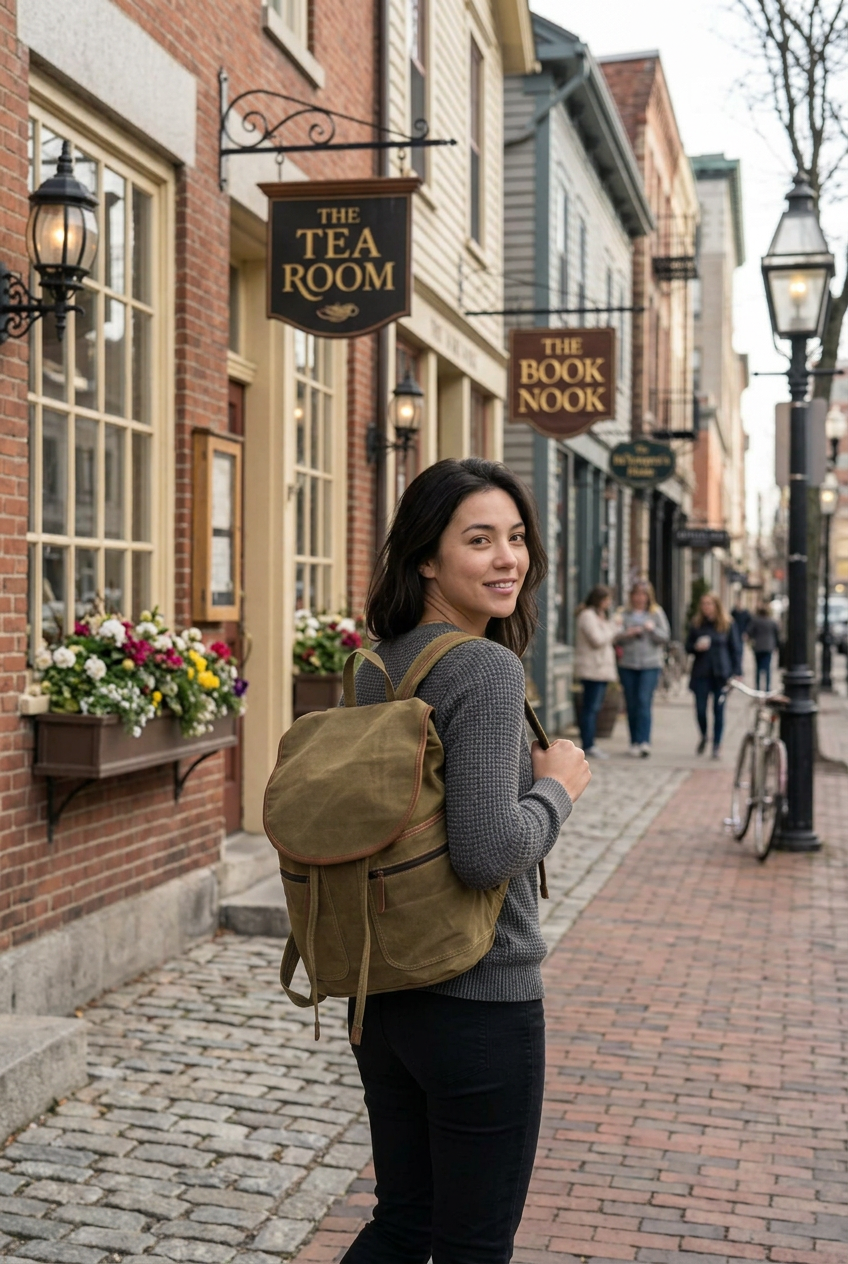 Gray Knapsack With Brown Piping