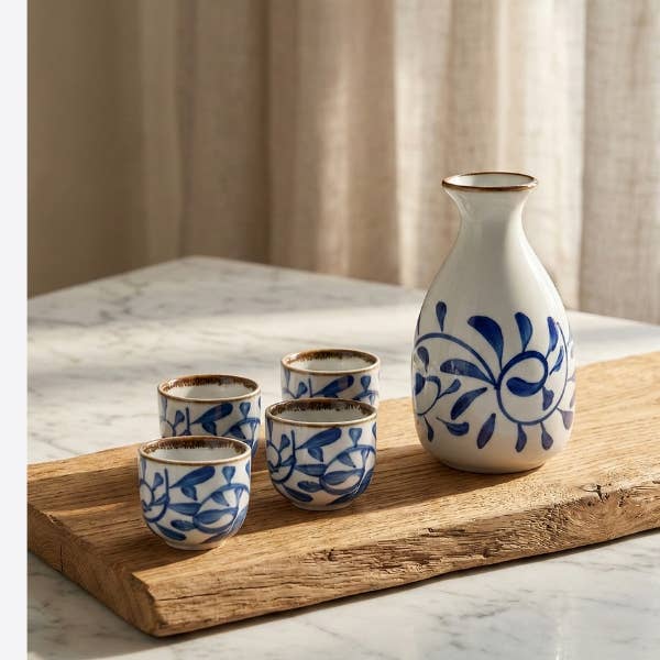 Porcelain Blue & White Black Sake Set