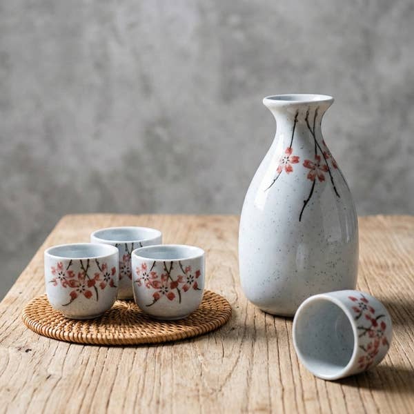 Porcelain Cherry Blossom Sake Set