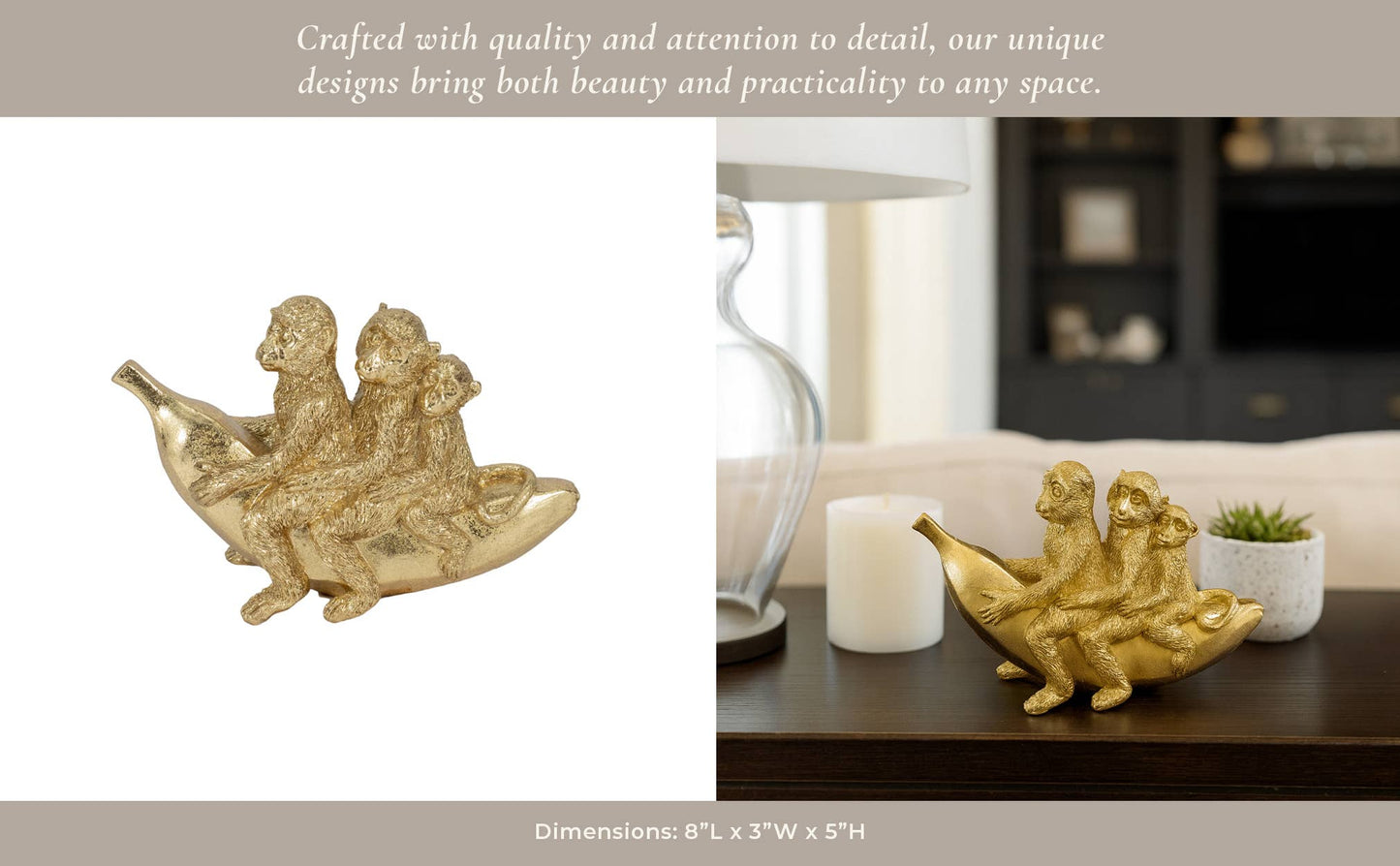 Figurine - Gold Resin Three Monkeys on Banan, 8 in.