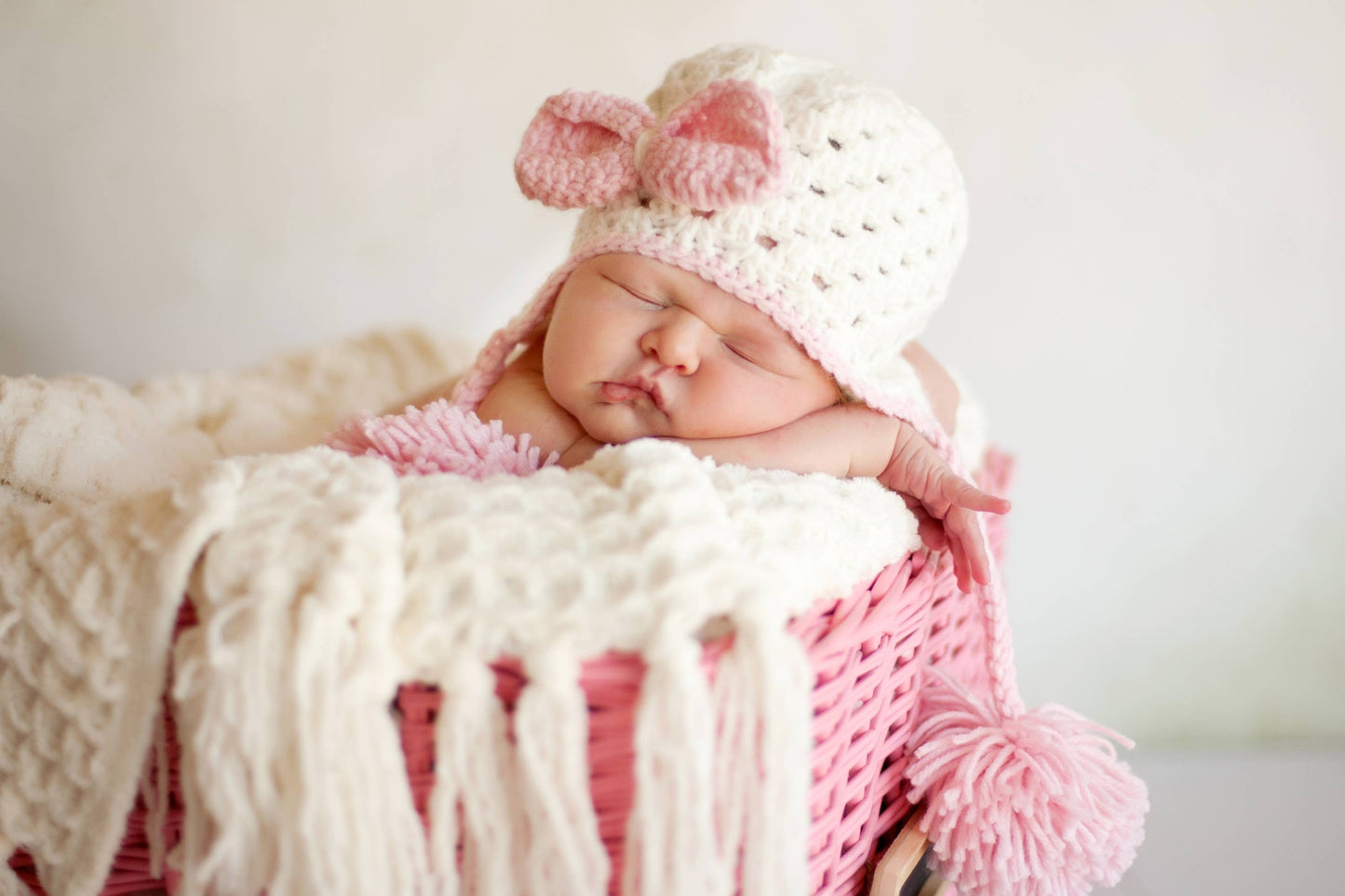 Cream w/Jumbo Pom Poms Crocheted Baby Hat