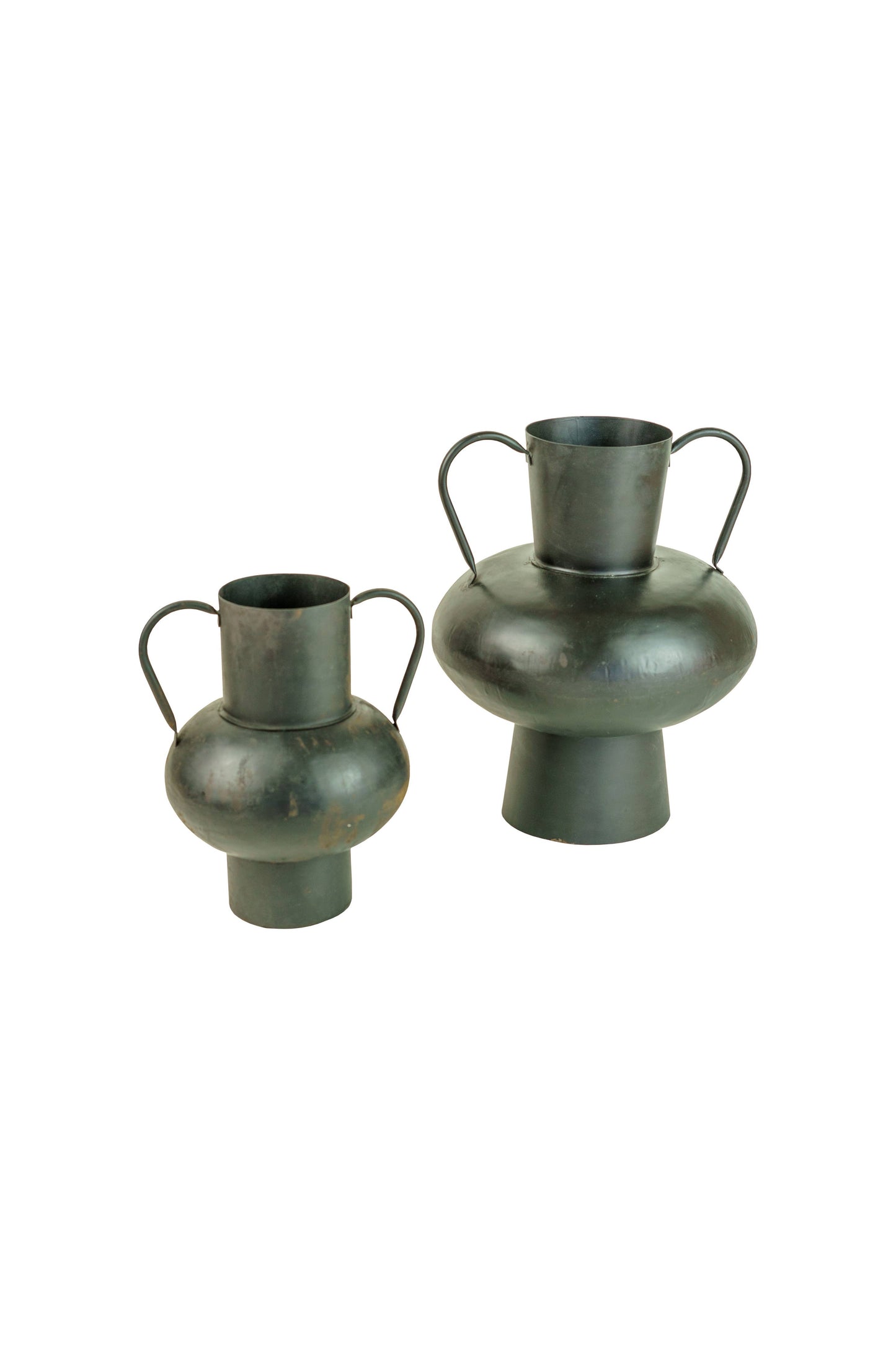 SET OF TWO WAXED BLACK METAL URNS WITH HANDLES