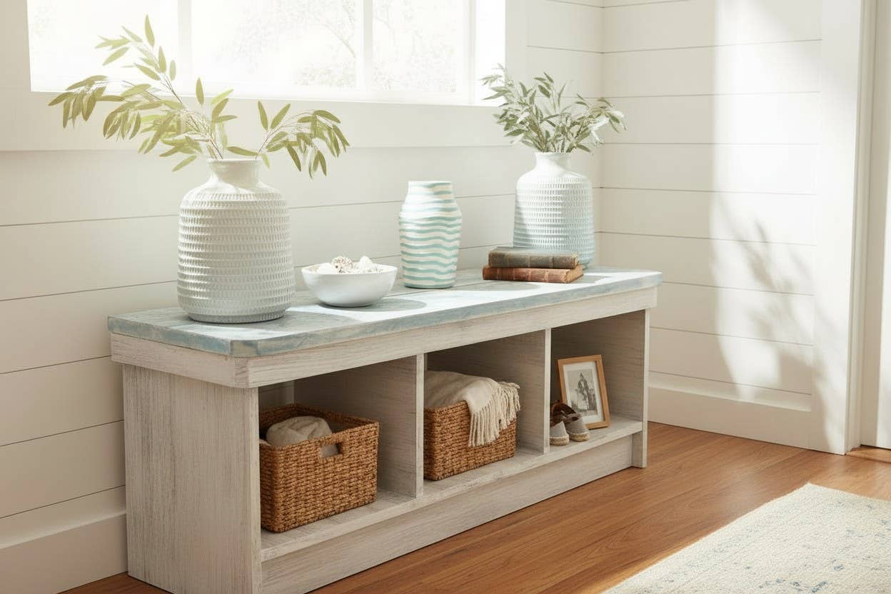 Coastal Slate Blue Console Bench with Open Storage