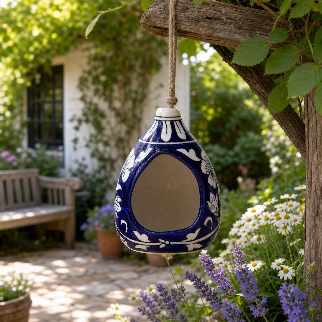 Bird Feeder Blue/White Ceramic Teardrop Shape House