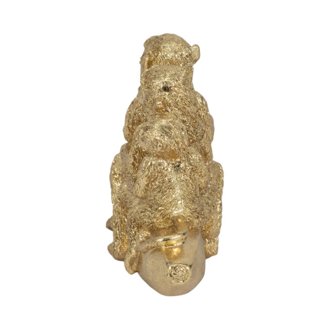 Figurine - Gold Resin Three Monkeys on Banan, 8 in.