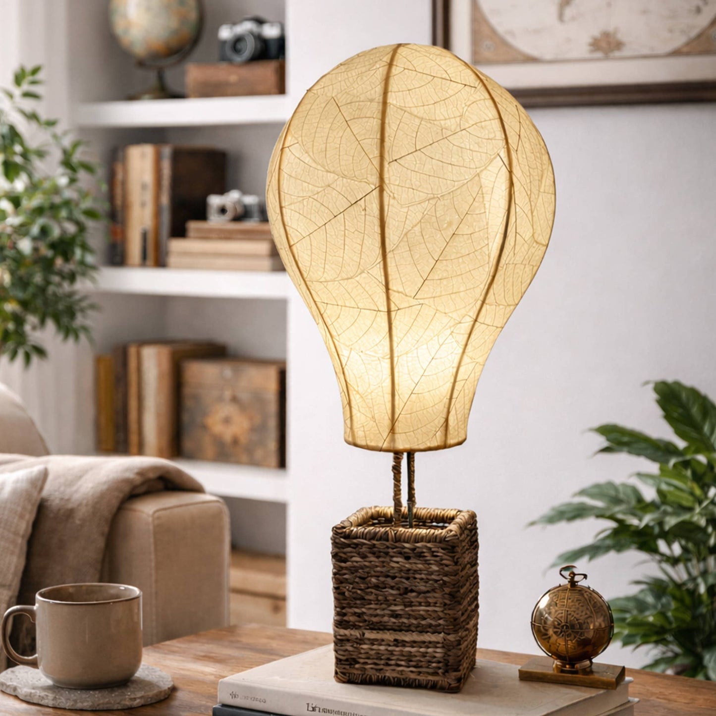 Hot Air Balloon Table Lamp Natural, Shade Made of Leaves