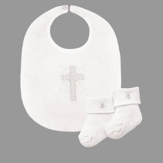 Embroidered Cross Bib & Lace Sock Set