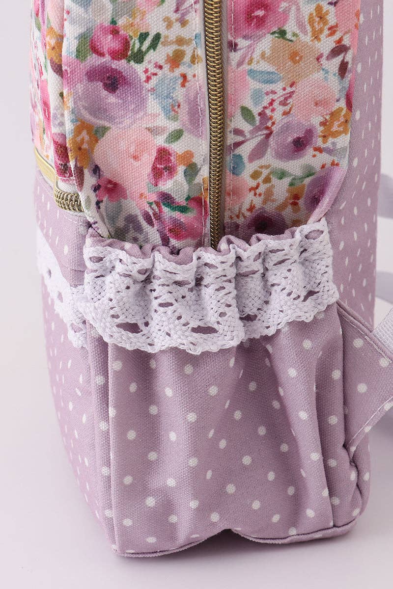 Purple floral print canvas ruffle backpack