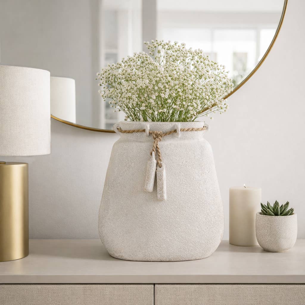White Ceramic Wide Vase Woven with Jute