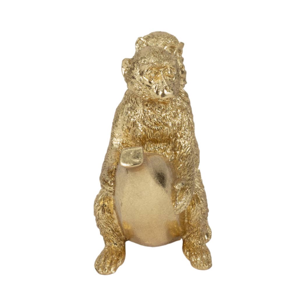 Figurine - Gold Resin Three Monkeys on Banan, 8 in.