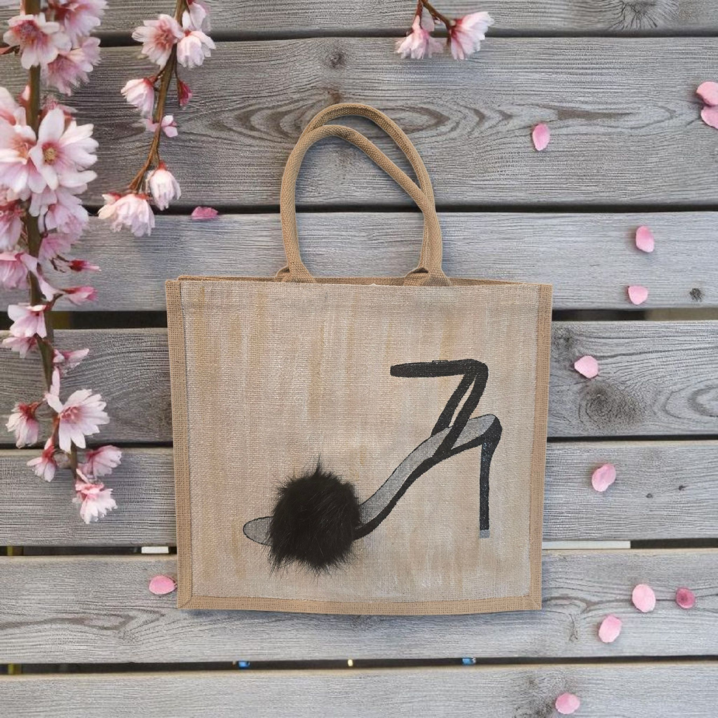 Black Pom Stiletto Jute Tote
