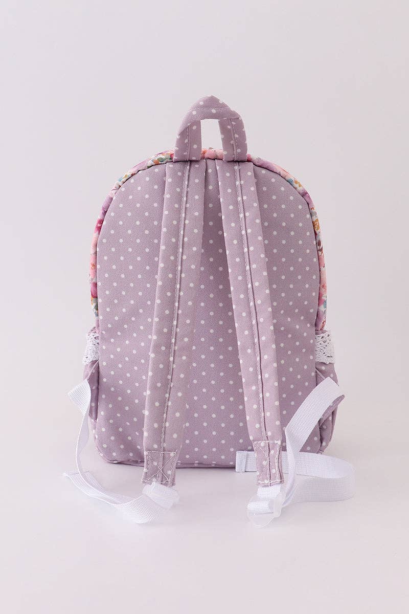 Purple floral print canvas ruffle backpack