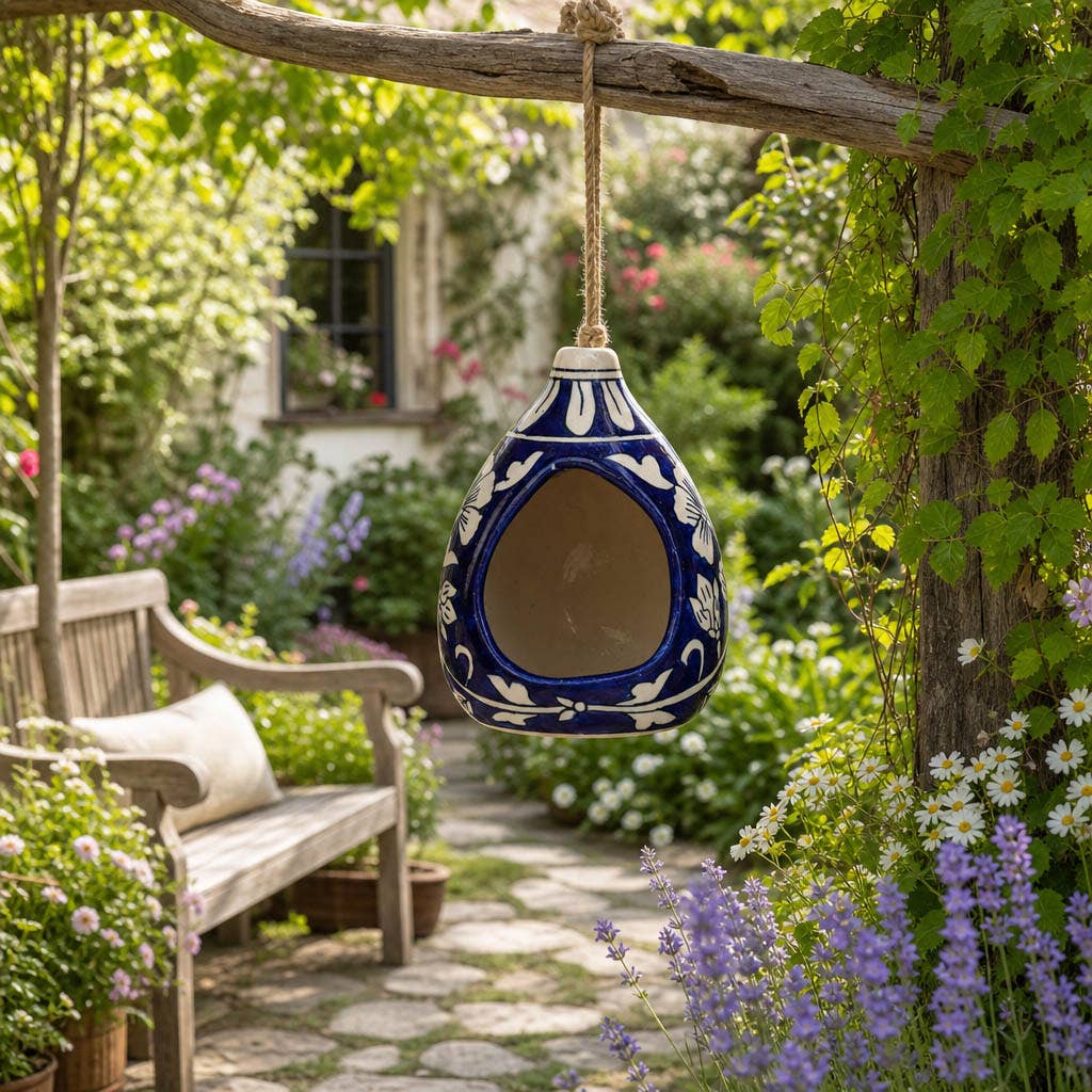 Bird Feeder Blue/White Ceramic Teardrop Shape House
