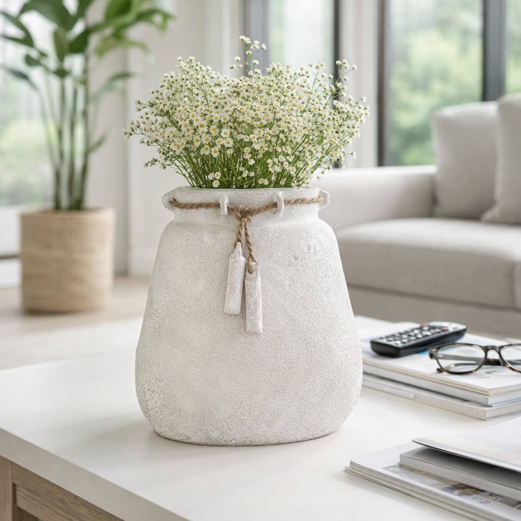 White Ceramic Wide Vase Woven with Jute