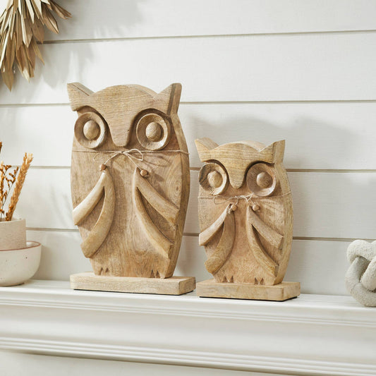 Carved Wood Owl Natural Figurine Set, 2-Piece Fall Decor
