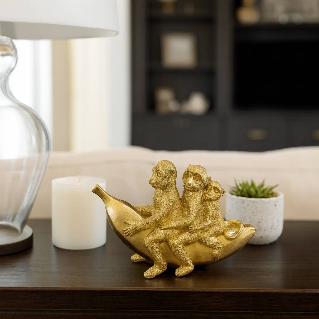 Figurine - Gold Resin Three Monkeys on Banan, 8 in.