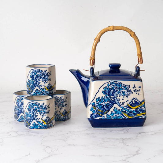 Great Wave Tea Set 20oz Tea Pot with 4 Hexagon Cups