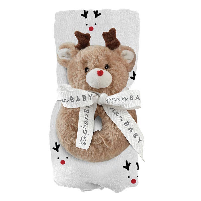 Swaddle Blanket and Plush Reindeer Rattle - Reindeer