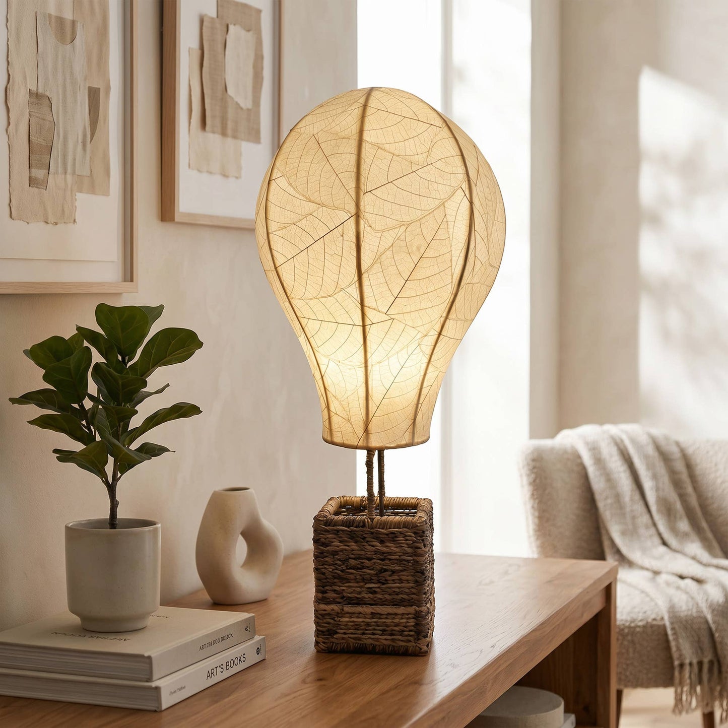 Hot Air Balloon Table Lamp Natural, Shade Made of Leaves