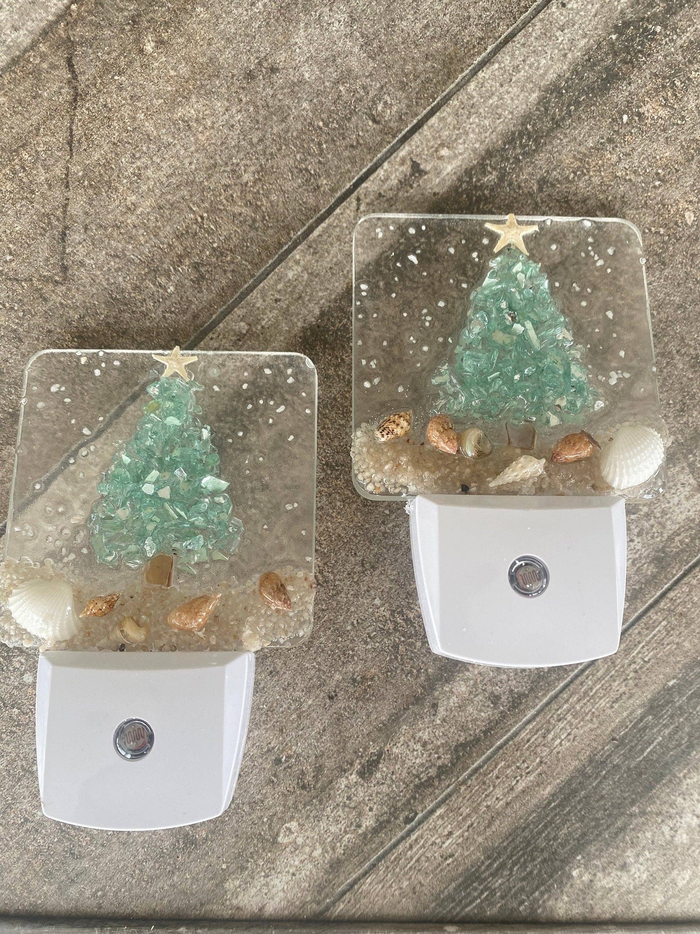 Coastal Christmas tree aqua night light with shells on the beach