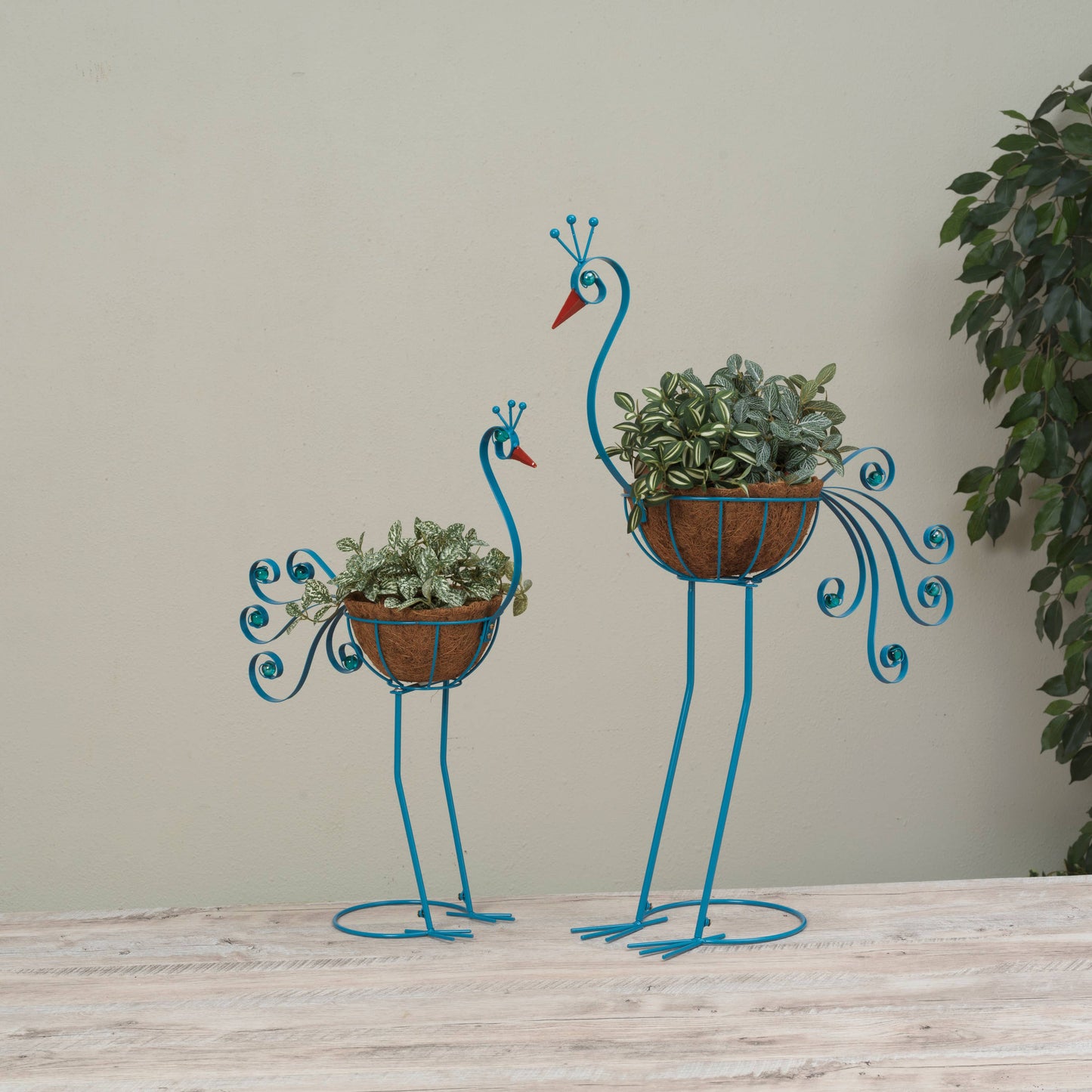 Metal Peacock with Coco Mat Planter Set