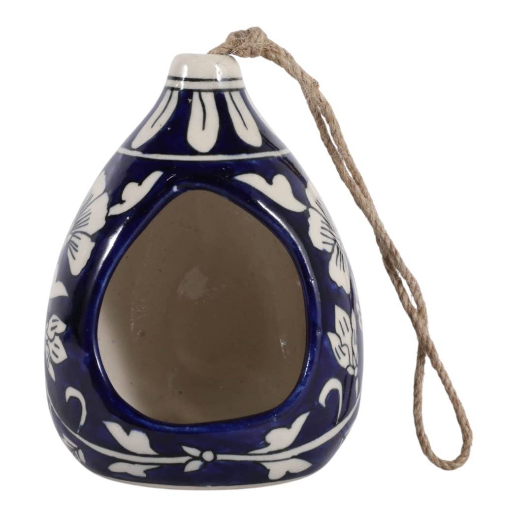 Bird Feeder Blue/White Ceramic Teardrop Shape House