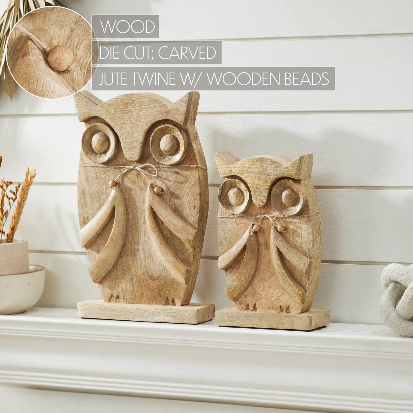 Carved Wood Owl Natural Figurine Set, 2-Piece Fall Decor
