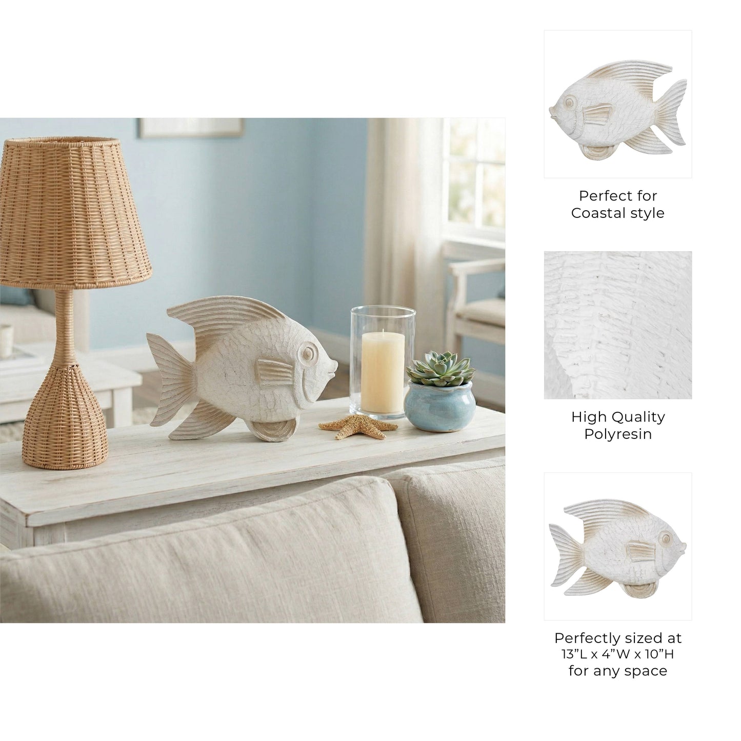 Resin Coastal Fish Decorative Figurine - White, 14 in.