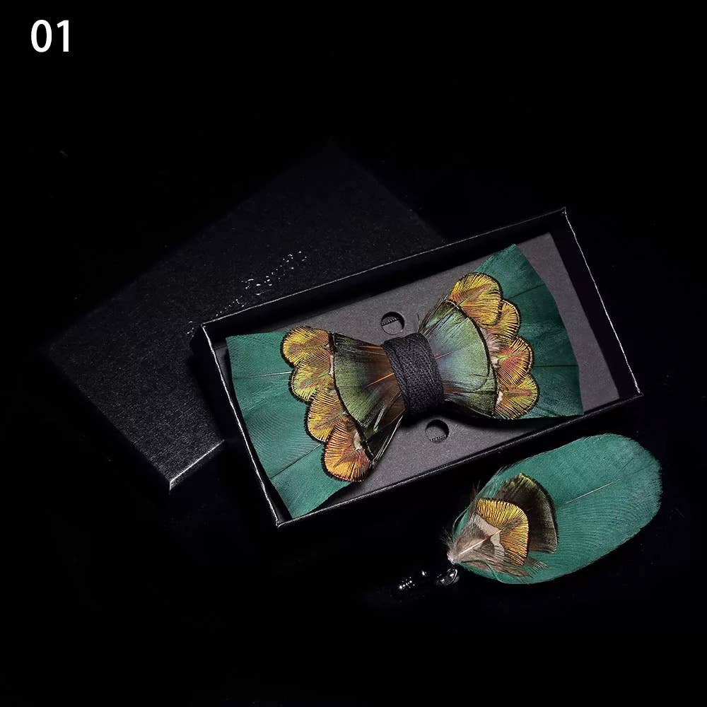 Feather Bow Tie and Lapel Pin Set, Choice of Colors