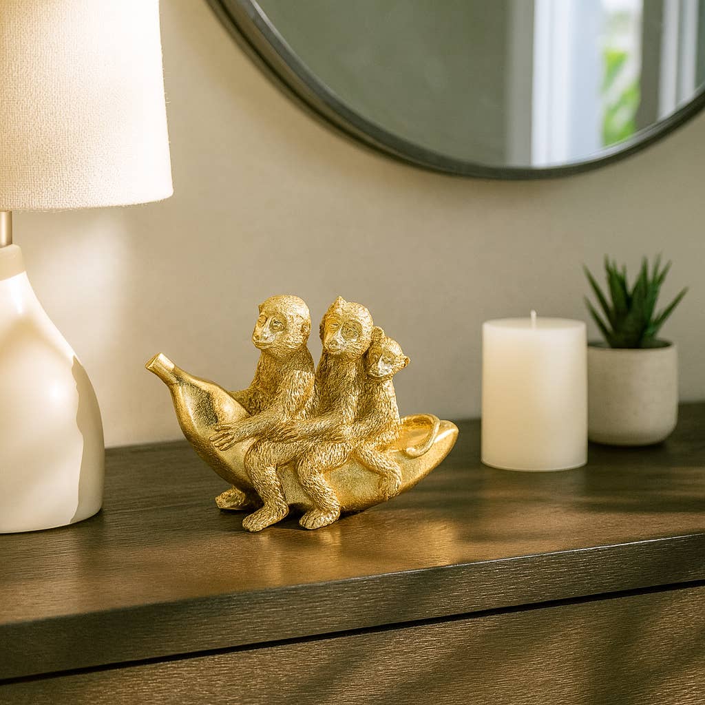 Figurine - Gold Resin Three Monkeys on Banan, 8 in.