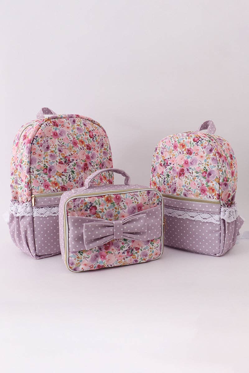 Purple floral print canvas ruffle backpack