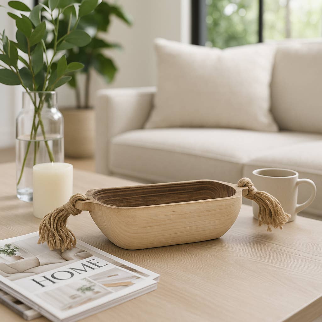 Decorative Tray - Brown Wood Oval with Tassels