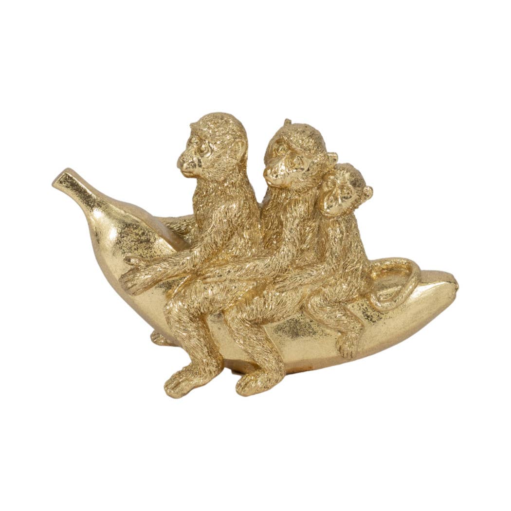 Figurine - Gold Resin Three Monkeys on Banan, 8 in.