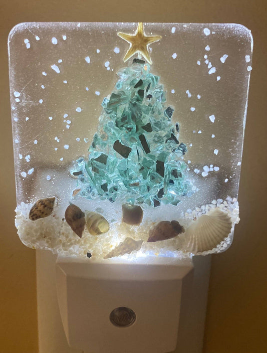 Coastal Christmas tree aqua night light with shells on the beach