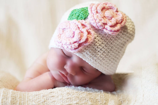 White Twin Flowers Crocheted Hat