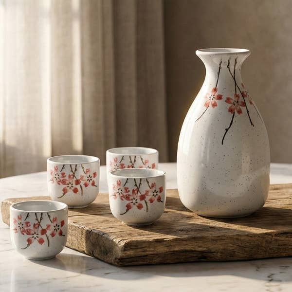 Porcelain Cherry Blossom Sake Set