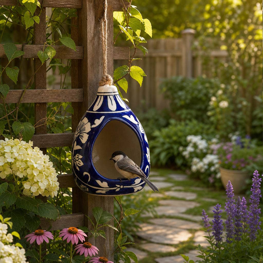 Bird Feeder Blue/White Ceramic Teardrop Shape House