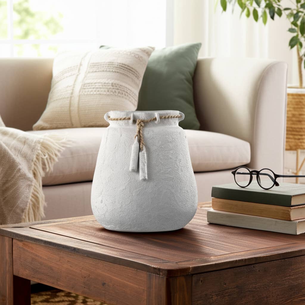 White Ceramic Wide Vase Woven with Jute