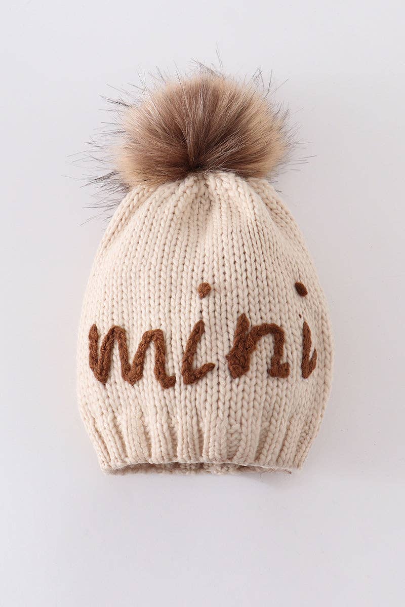 Hand embroidered pom pom beanie hat mama and mini set