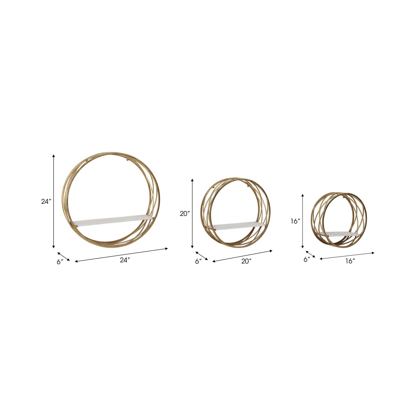 Wall Shelves White Metal Round Frame, set of 3