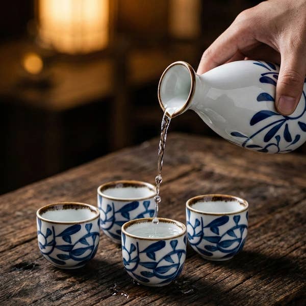 Porcelain Blue & White Black Sake Set