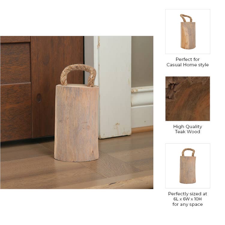 Object - Brown Wood Door Stopper with Rope Handle, 10 in.