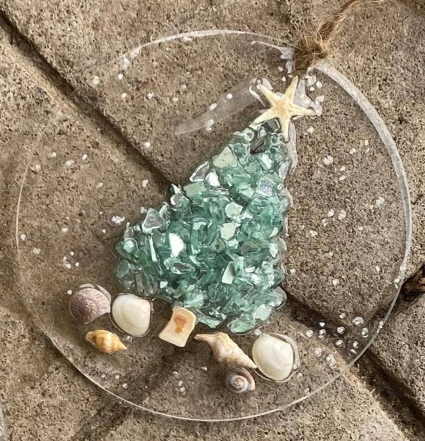 Coastal Christmas Ornament- Aqua  Christmas Tree w/ shells