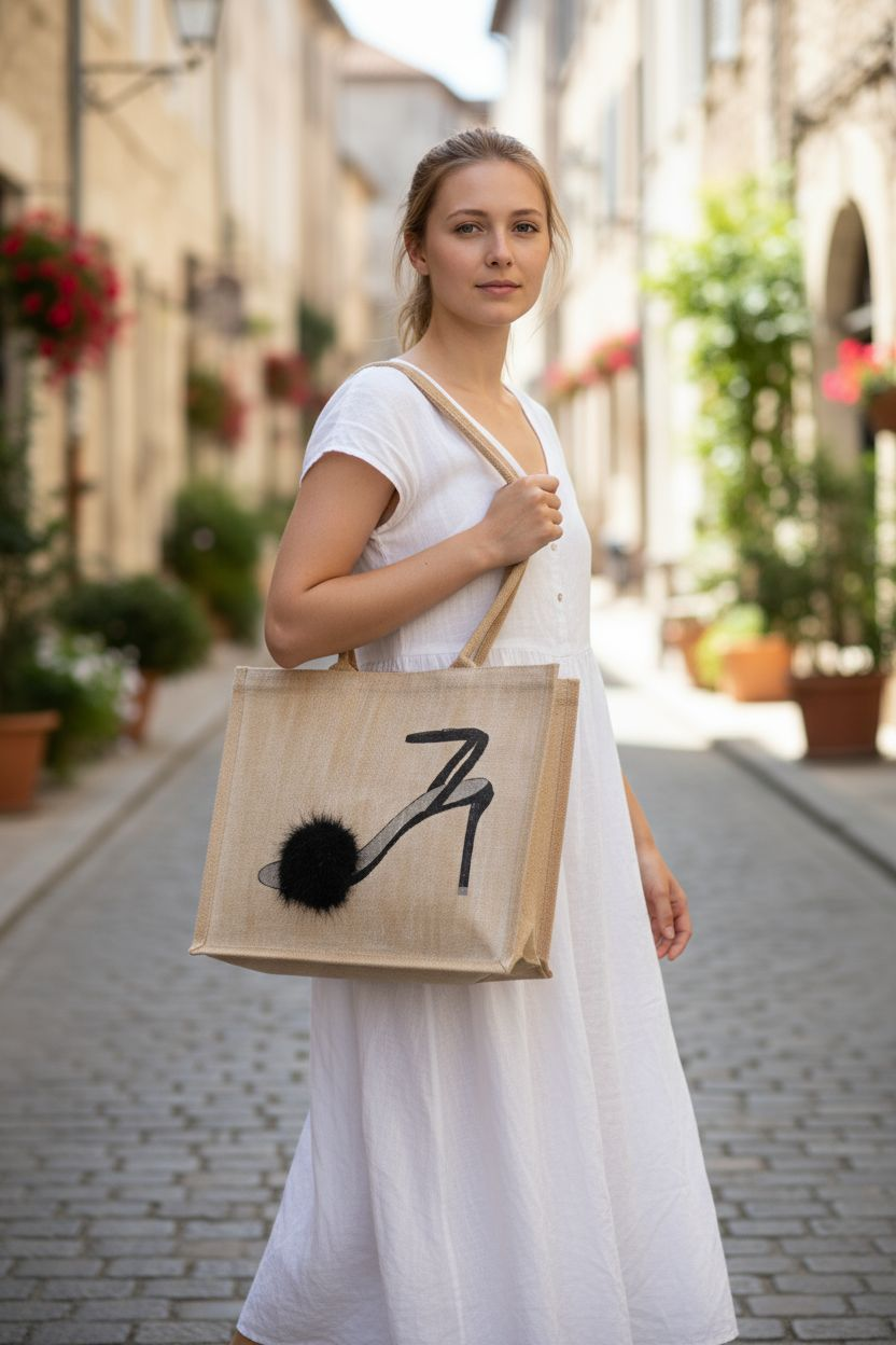 Black Pom Stiletto Jute Tote
