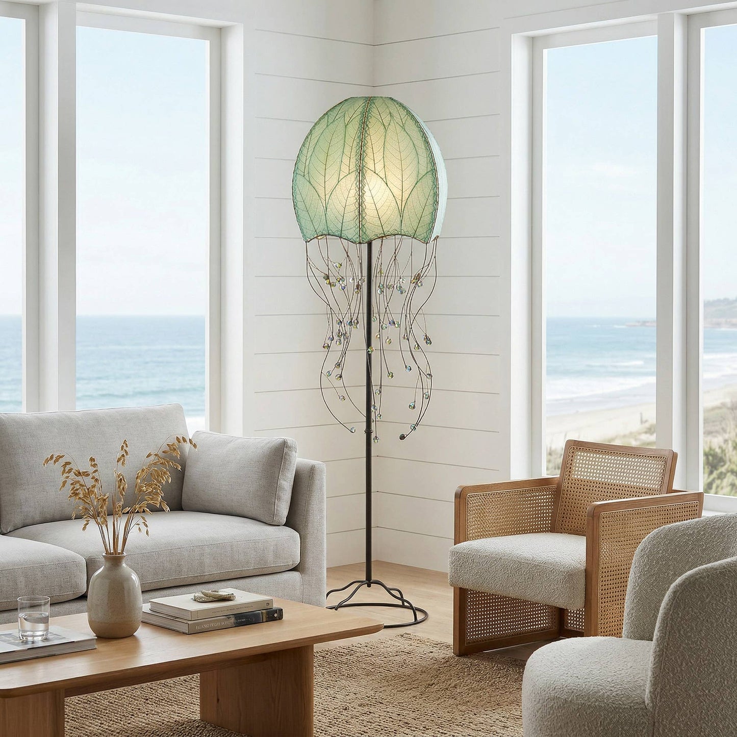 Jellyfish Large Lamp Sea Blue, Shade Made of Cocoa Leaves