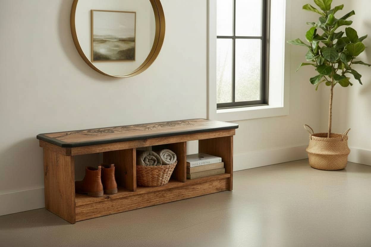Rustic Pinecone Console Bench with Storage