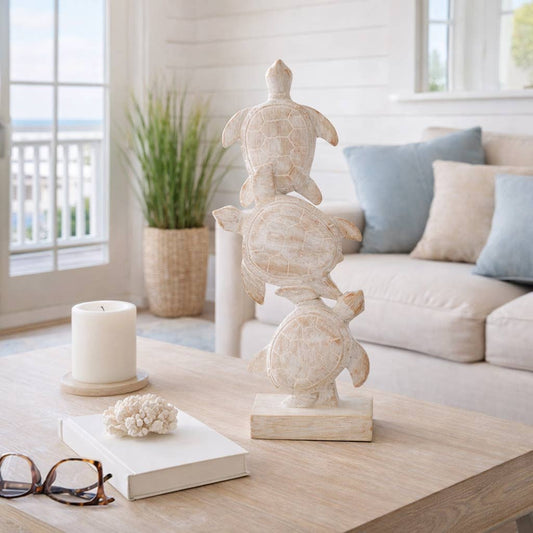 Figurine - Ivory/White Resin Stacked Sea Turtles