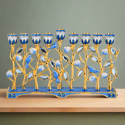 Hanukkah Enameled Flowers Menorah. Hand-Painted