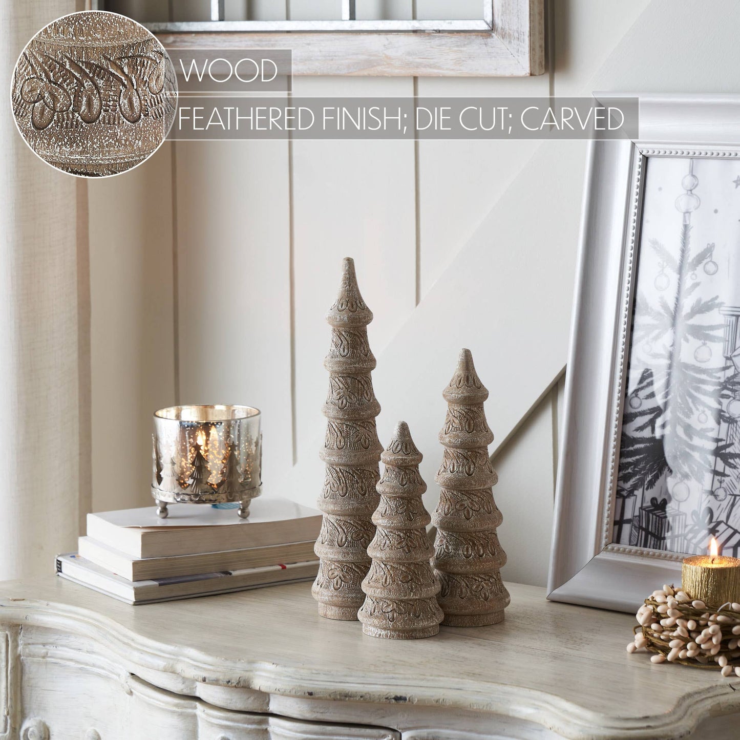 Christmas Cottage Feathered Finish Wood Trees Set of 3