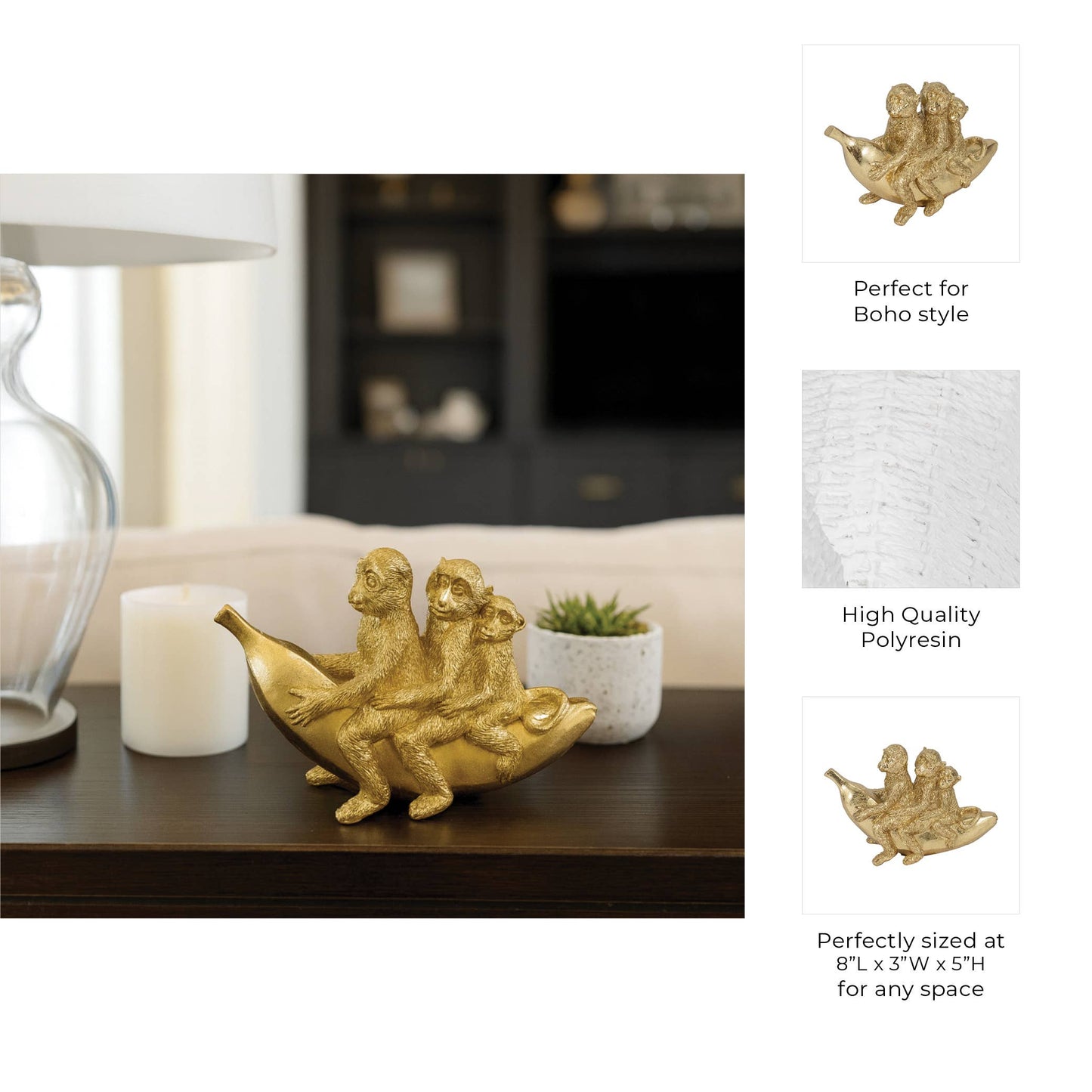 Figurine - Gold Resin Three Monkeys on Banan, 8 in.